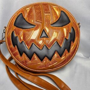 Pumpkin Kult Love Pain and Stitches Orange Glitter Jack-O-Lantern Crossbody Bag
